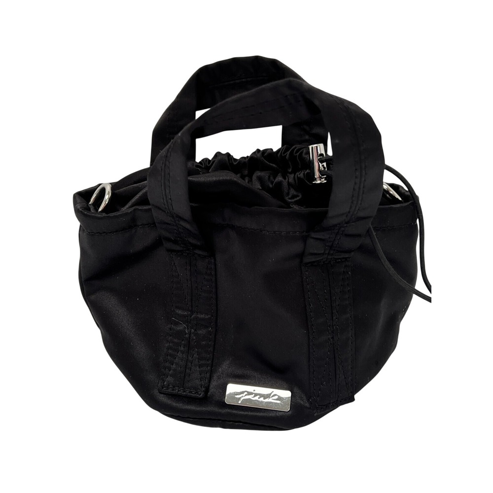 Victoria's Secret PINK Black Satin Mini Bucket Bag Crossbody Drawstring Purse